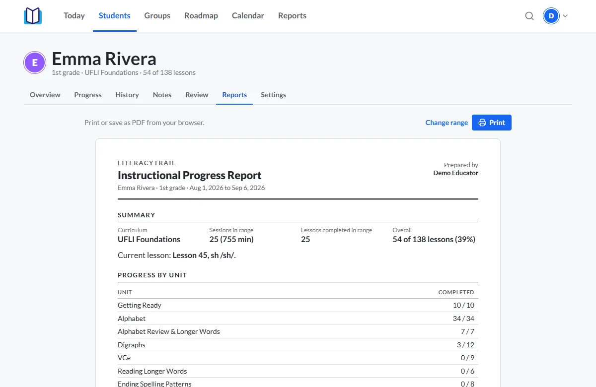 A progress report built from recorded lessons